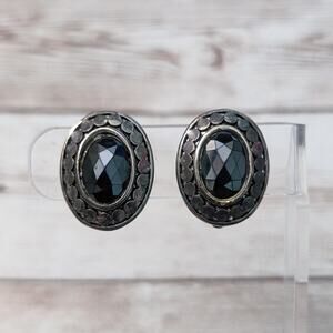 Vintage Clip On Earrings Dark Metal Oval with Black Gem